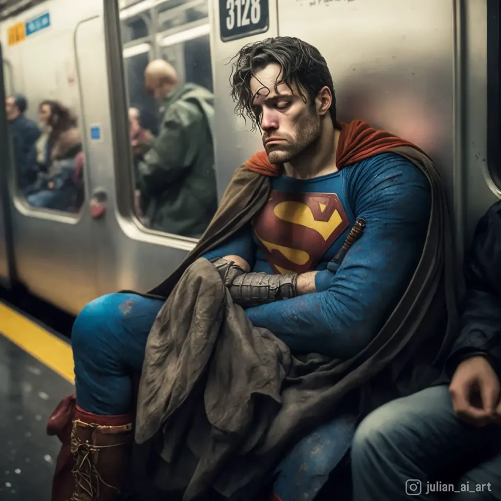 Tired Superman riding subway
