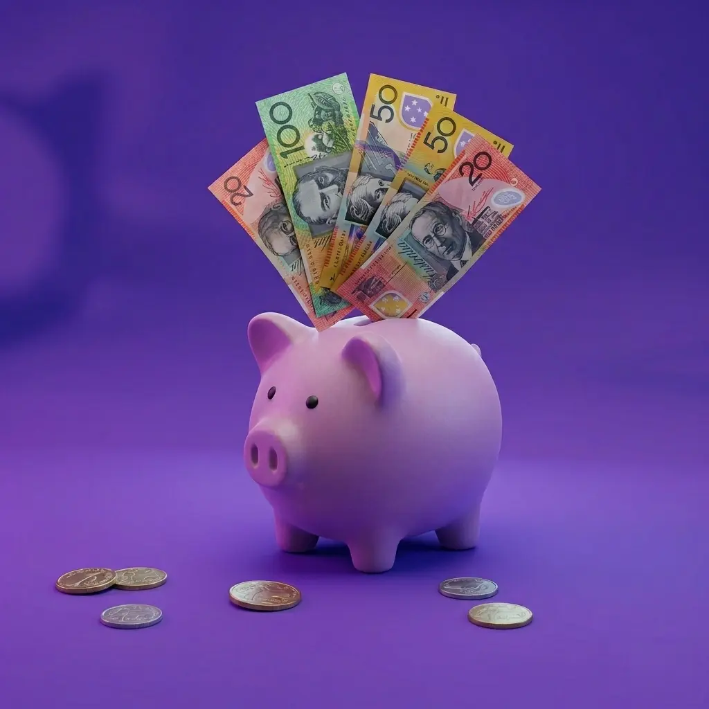 Piggybank with lots of Aussie dollars being inserted