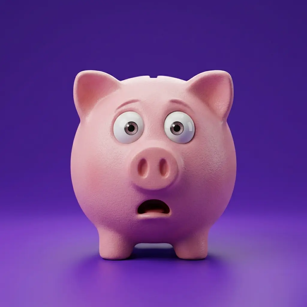 A piggybank with a scared expression