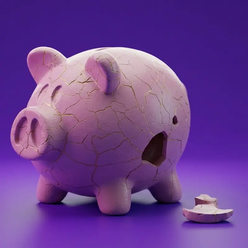 A piggybank that has been broken and repaired, with a piece still missing, sittin off to the side